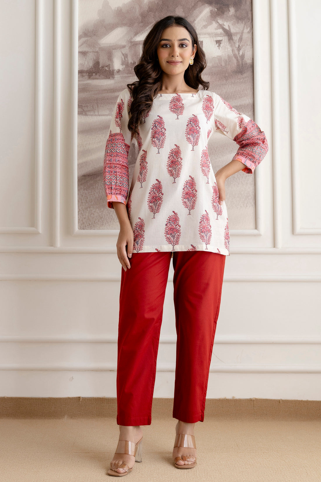 Red Tree Motif Cotton Top