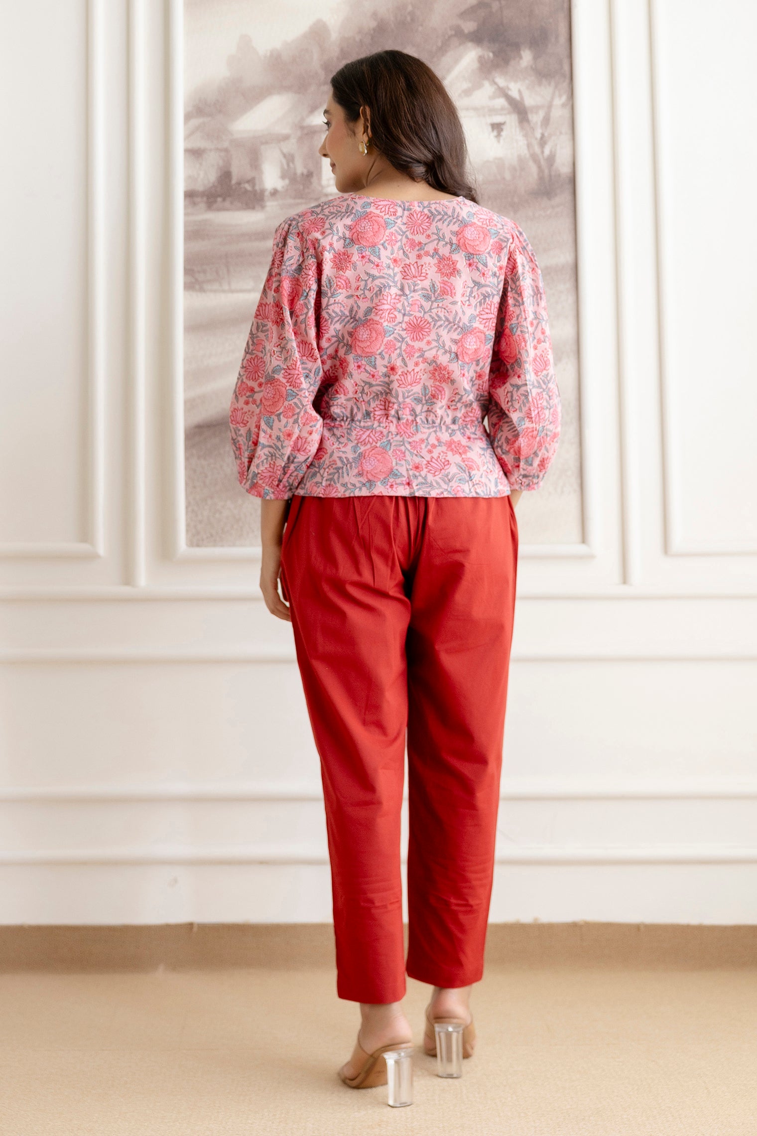 Floral Block Print Cotton Top with Adjustable Waist