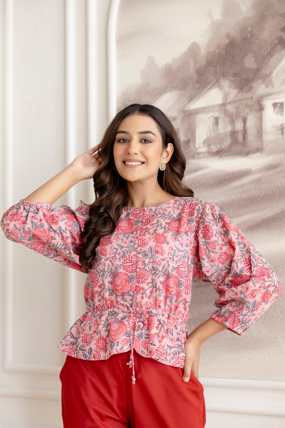 Floral Block Print Cotton Top with Adjustable Waist