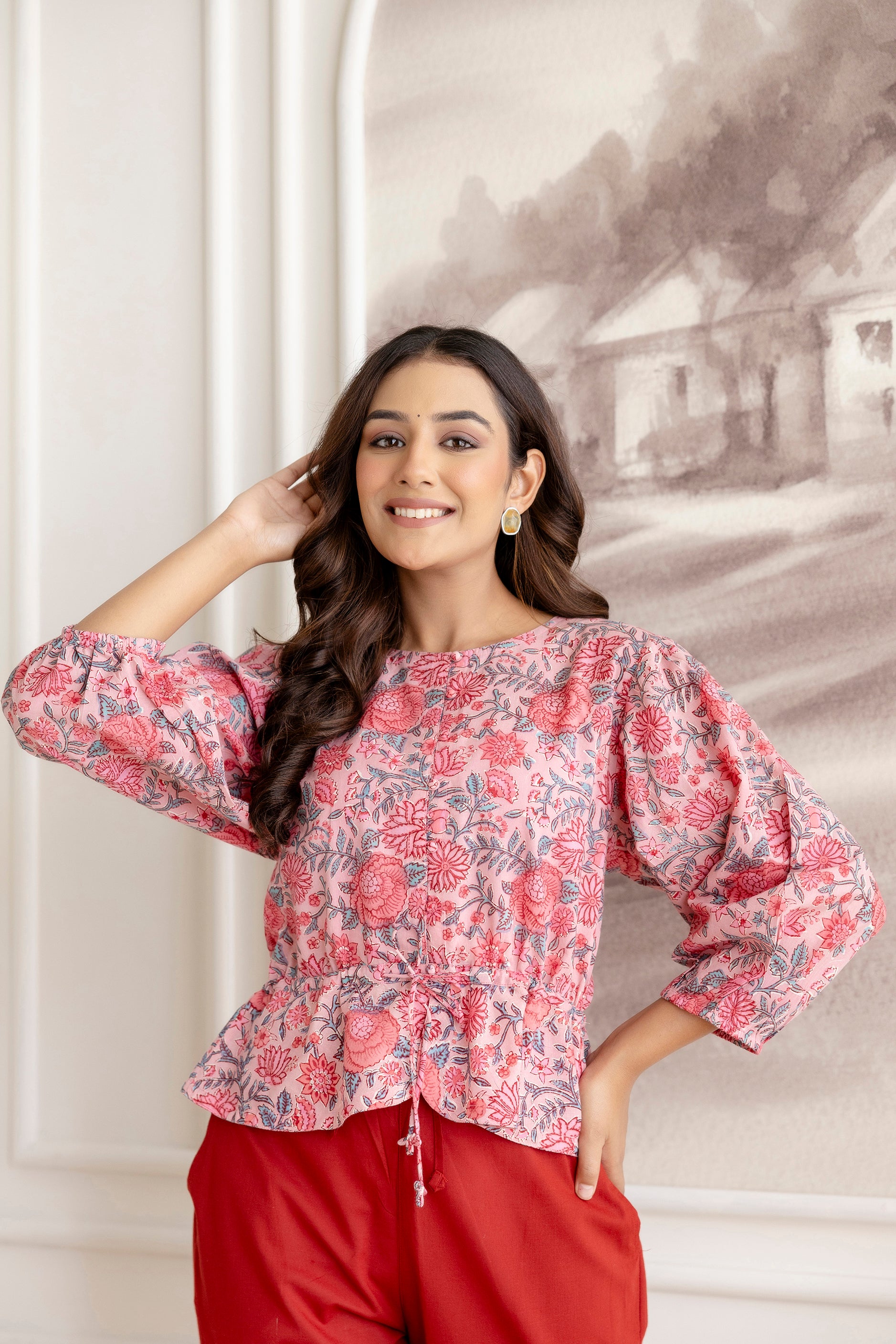 Floral Block Print Cotton Top with Adjustable Waist
