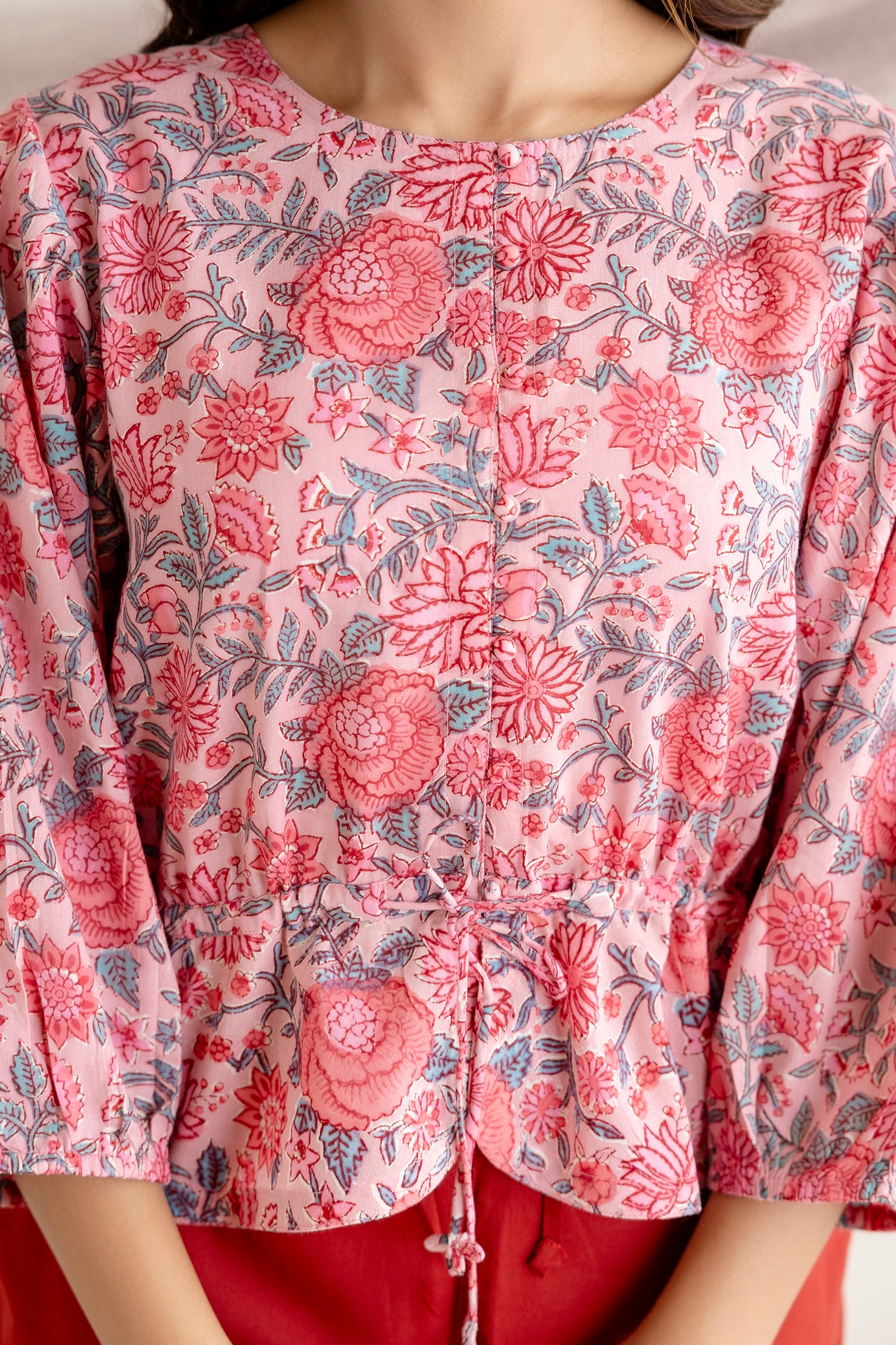 Floral Block Print Cotton Top with Adjustable Waist