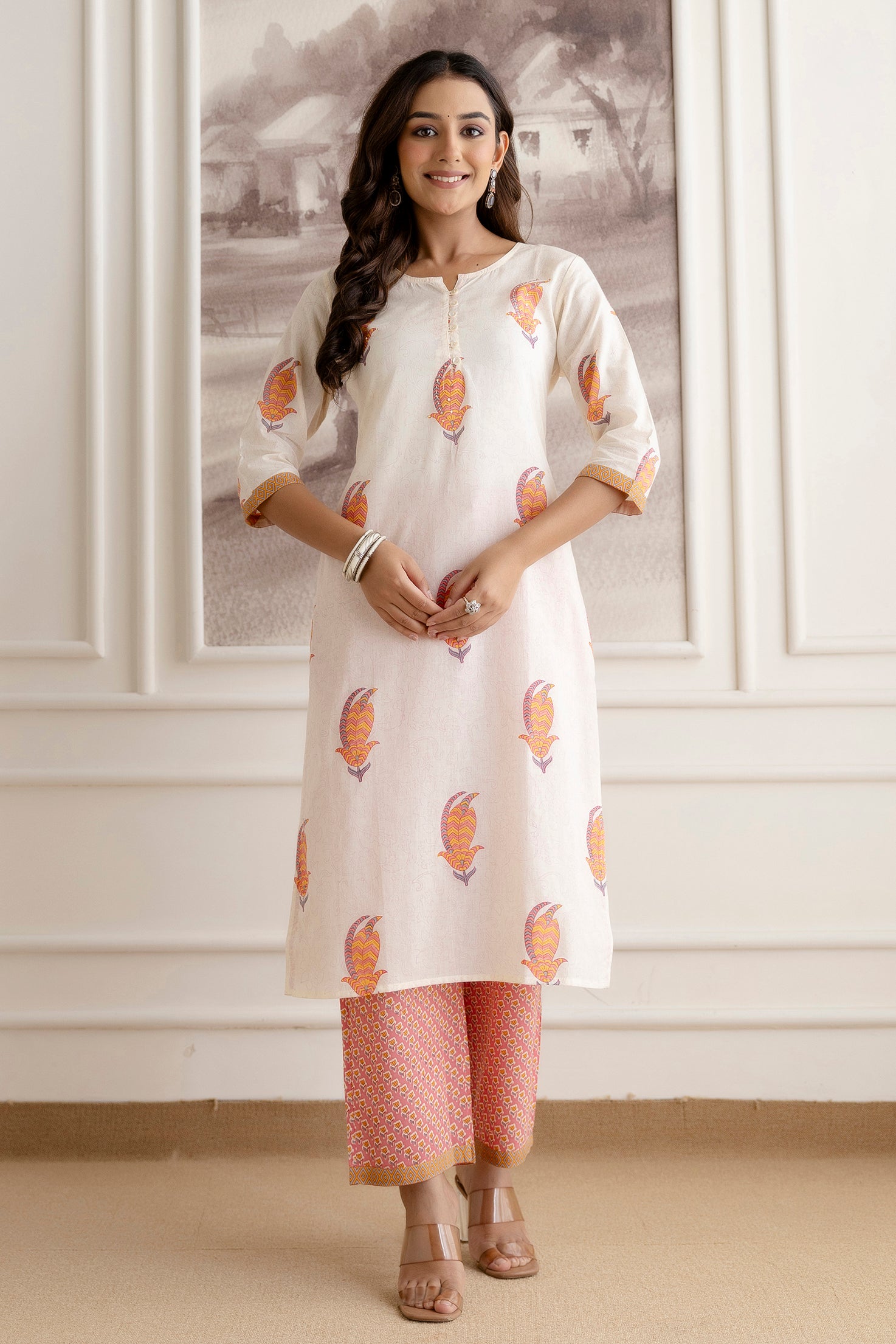 Off-White Cotton Suit Set with Multicolour Motifs & Dupatta