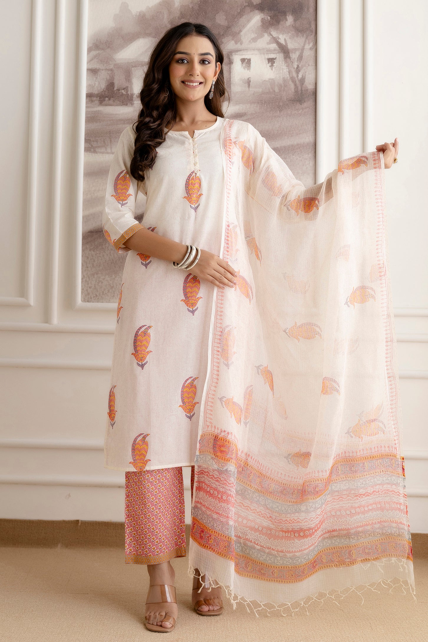 Off-White Cotton Suit Set with Multicolour Motifs & Dupatta
