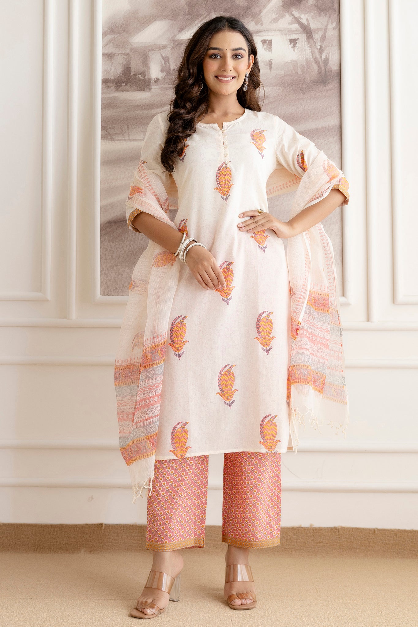 Off-White Cotton Suit Set with Multicolour Motifs & Dupatta
