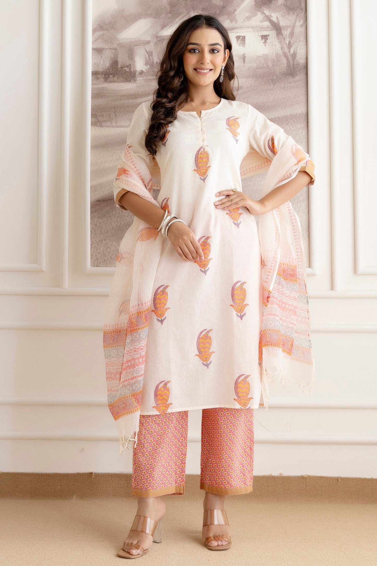 Off-White Cotton Suit Set with Multicolour Motifs & Dupatta