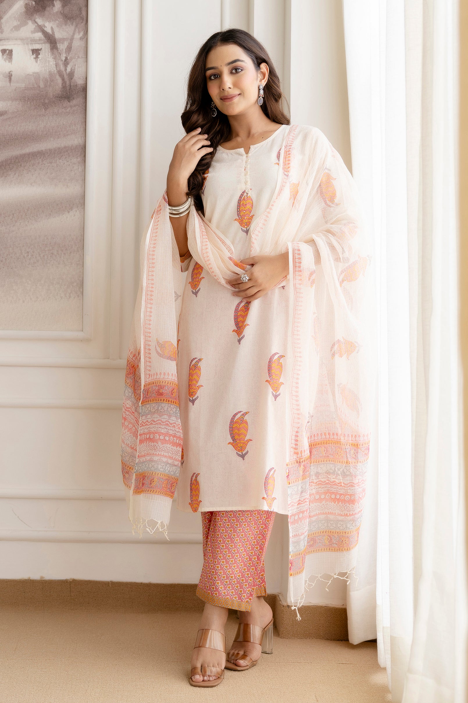 Off-White Cotton Suit Set with Multicolour Motifs & Dupatta