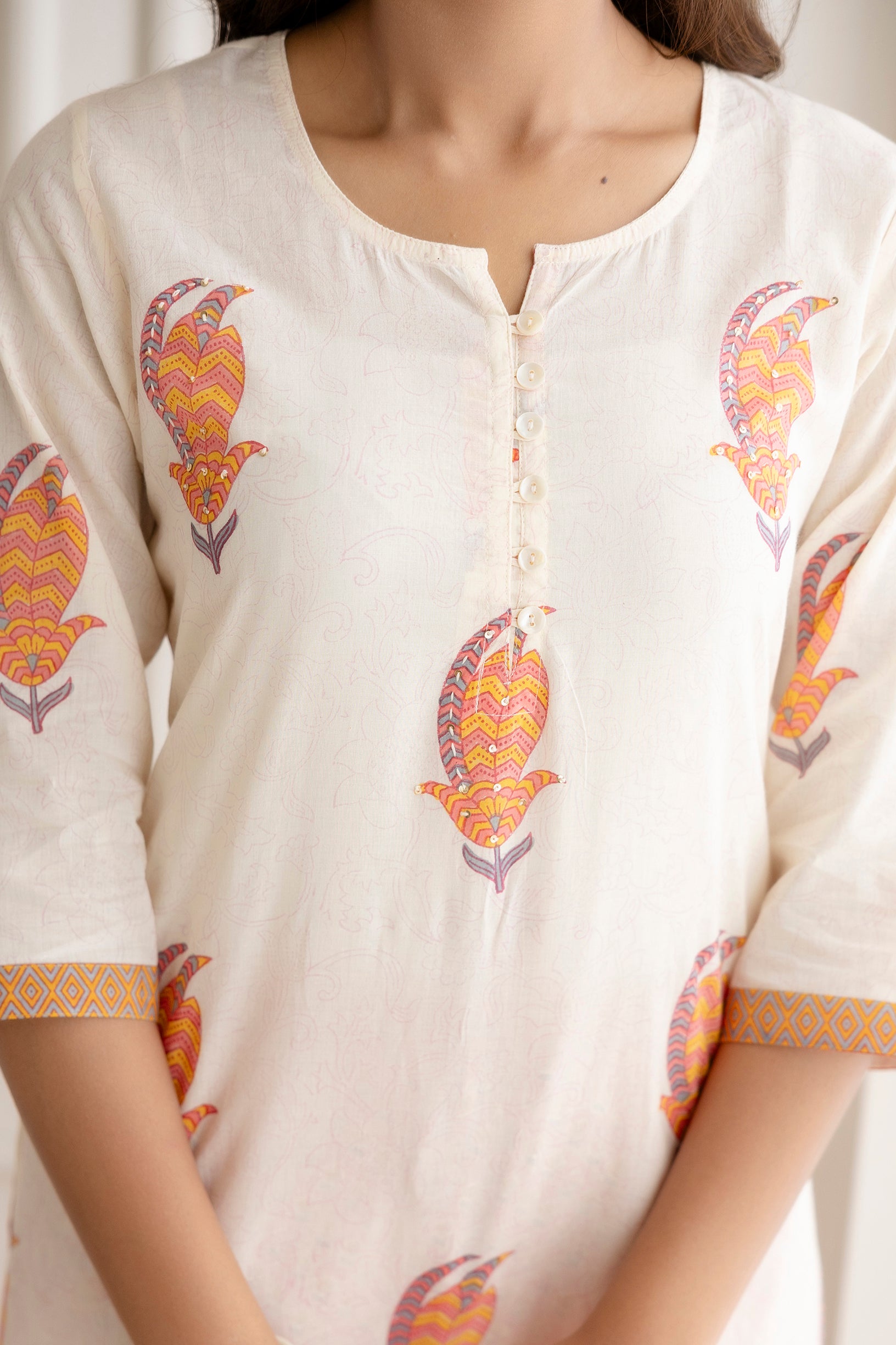 Off-White Cotton Suit Set with Multicolour Motifs & Dupatta