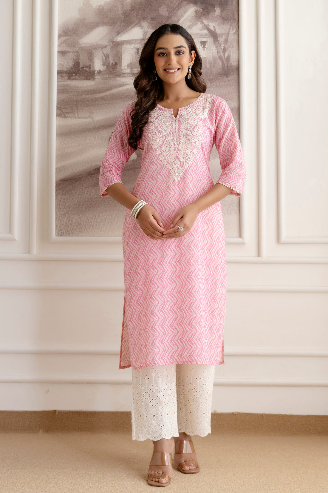 Embroidery Cotton Suit Set With Chikan Plazzo