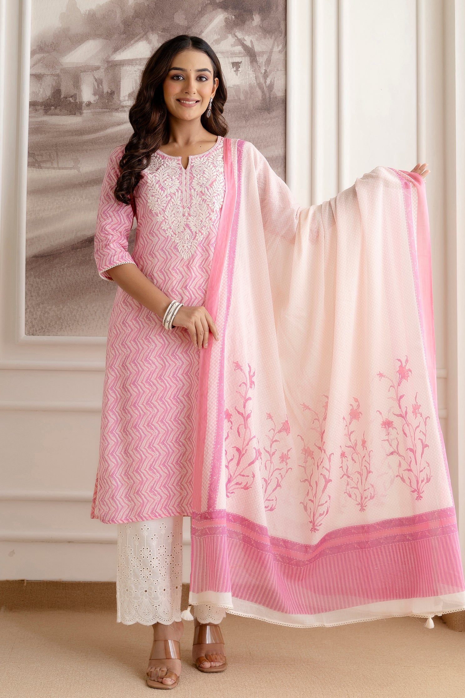 Embroidery Cotton Suit Set With Chikan Plazzo