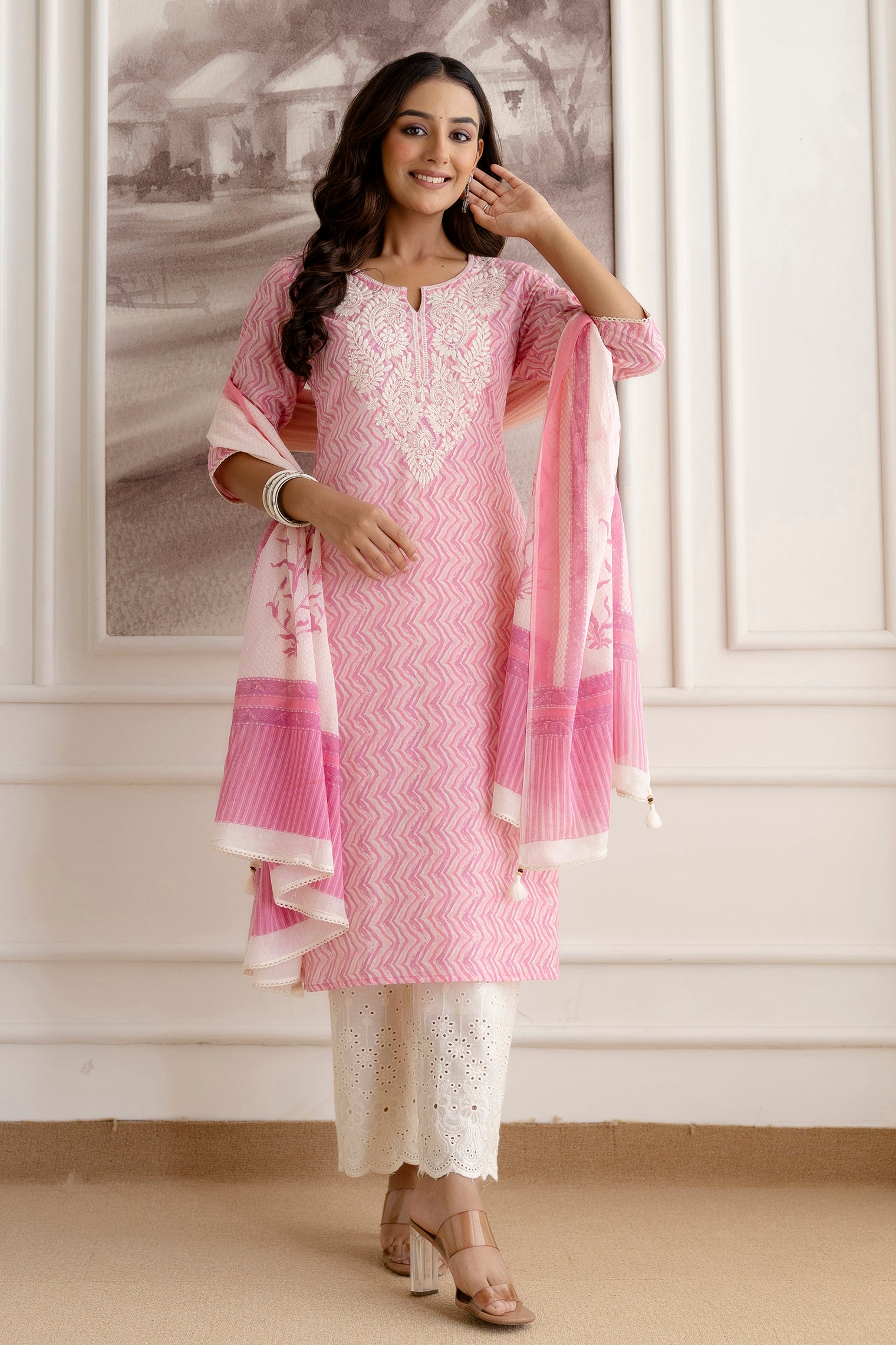 Embroidery Cotton Suit Set With Chikan Plazzo