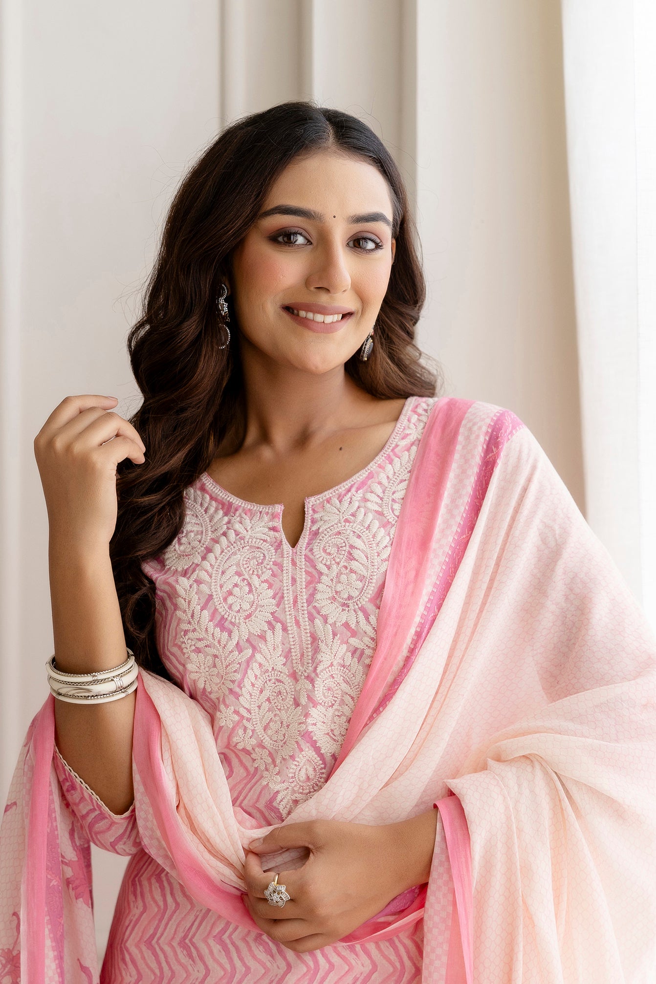 Embroidery Cotton Suit Set With Chikan Plazzo