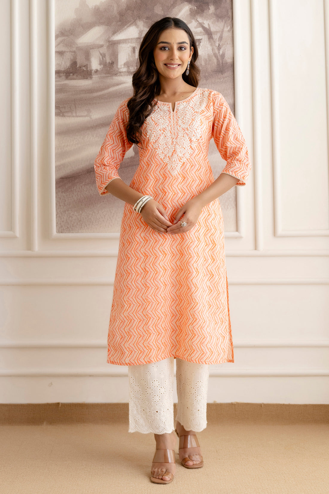 Embroidery Cotton Suit Set With Chikan Plazzo