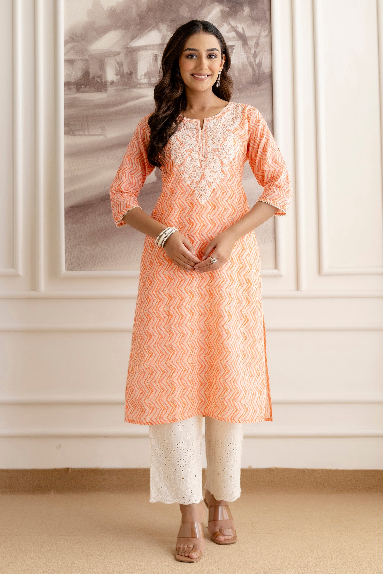 Embroidery Cotton Suit Set With Chikan Plazzo