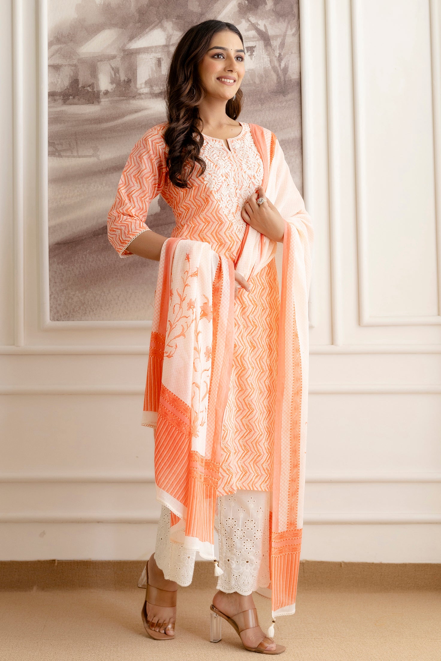 Embroidery Cotton Suit Set With Chikan Plazzo