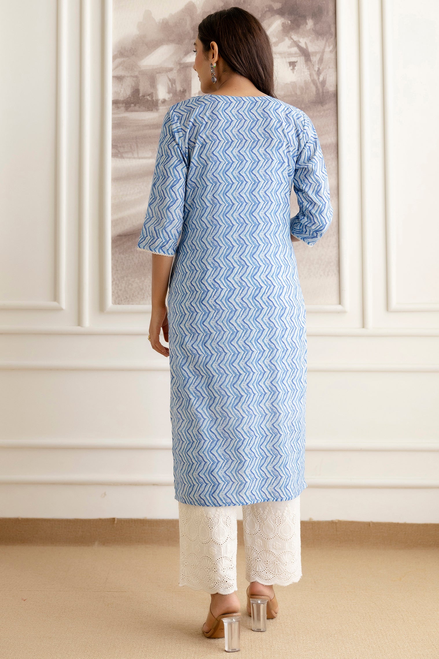 Embroidery Cotton Suit Set With Chikan Plazzo in Blue