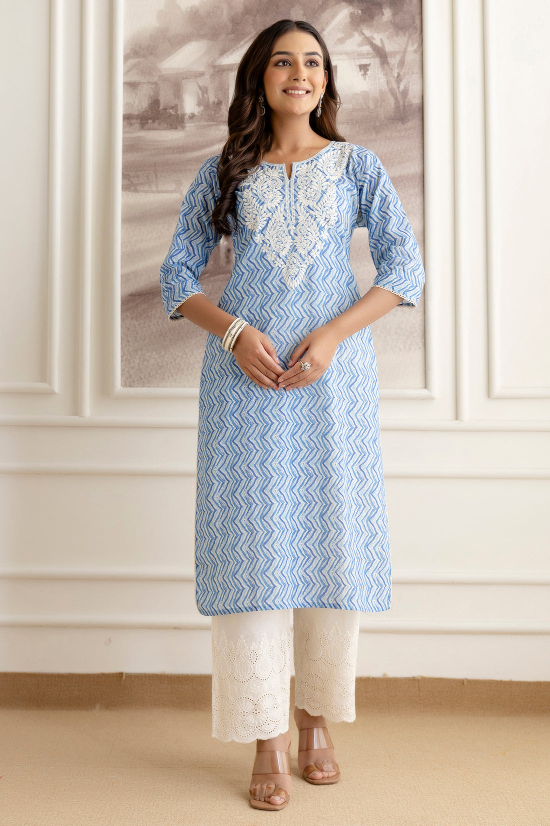 Embroidery Cotton Suit Set With Chikan Plazzo in Blue
