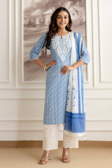 Embroidery Cotton Suit Set With Chikan Plazzo in Blue