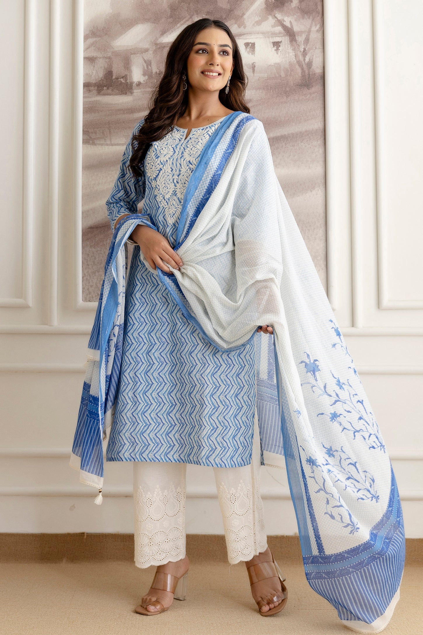 Embroidery Cotton Suit Set With Chikan Plazzo in Blue