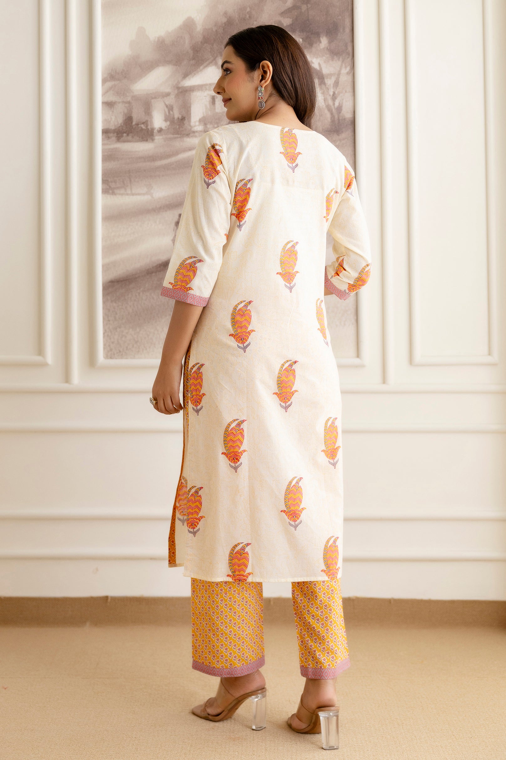 Off-White Cotton Suit Set with Multicolour Motifs & Dupatta