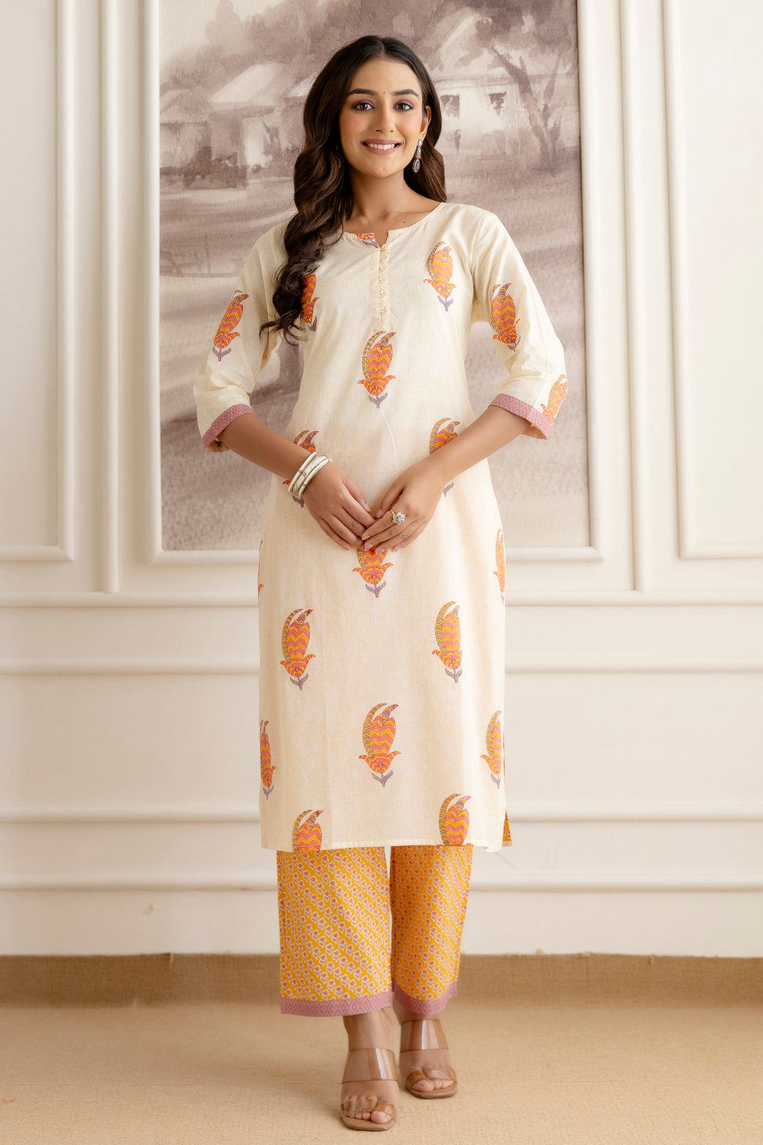 Off-White Cotton Suit Set with Multicolour Motifs & Dupatta