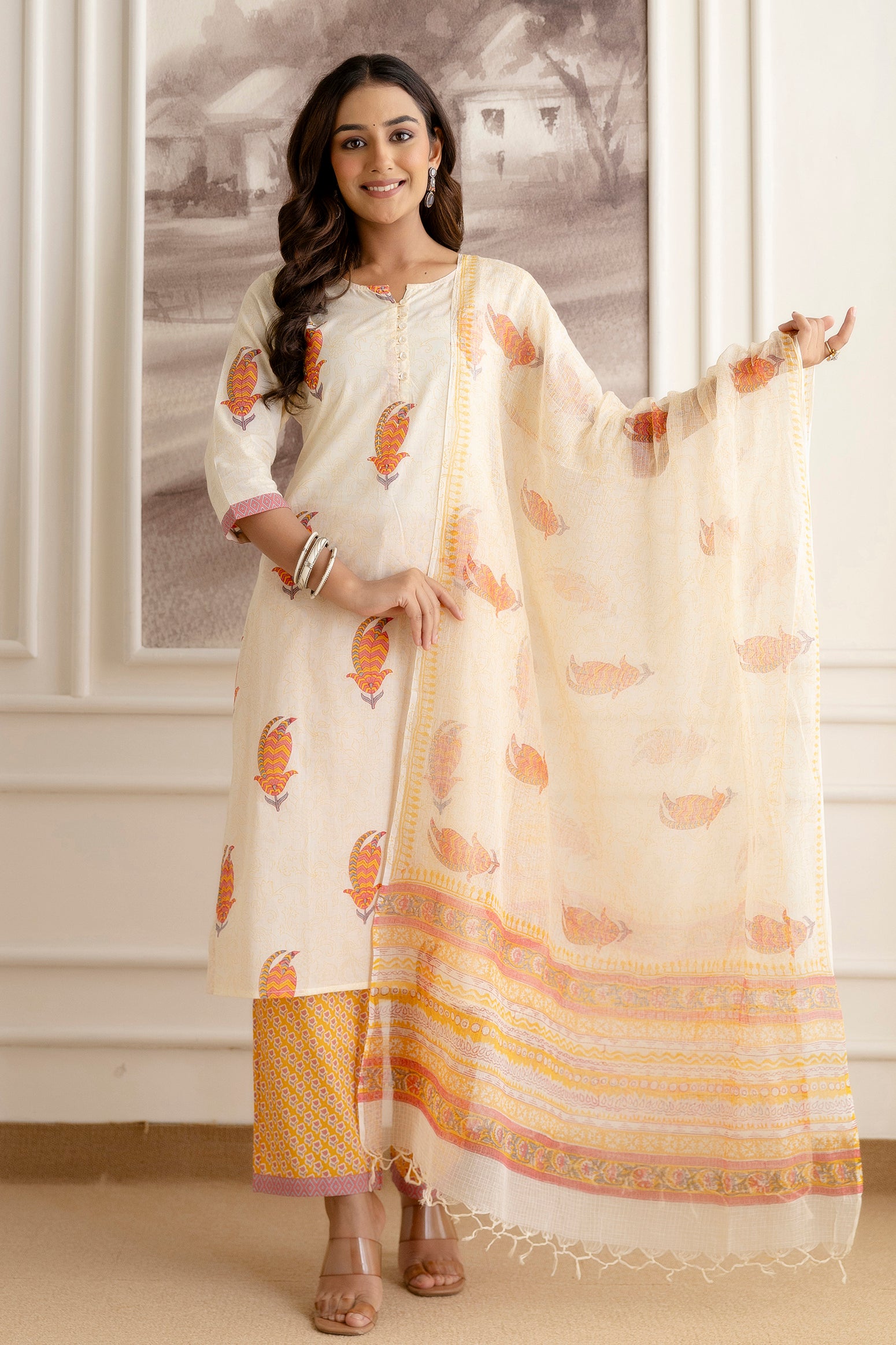 Off-White Cotton Suit Set with Multicolour Motifs & Dupatta