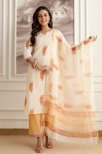 Off-White Cotton Suit Set with Multicolour Motifs & Dupatta