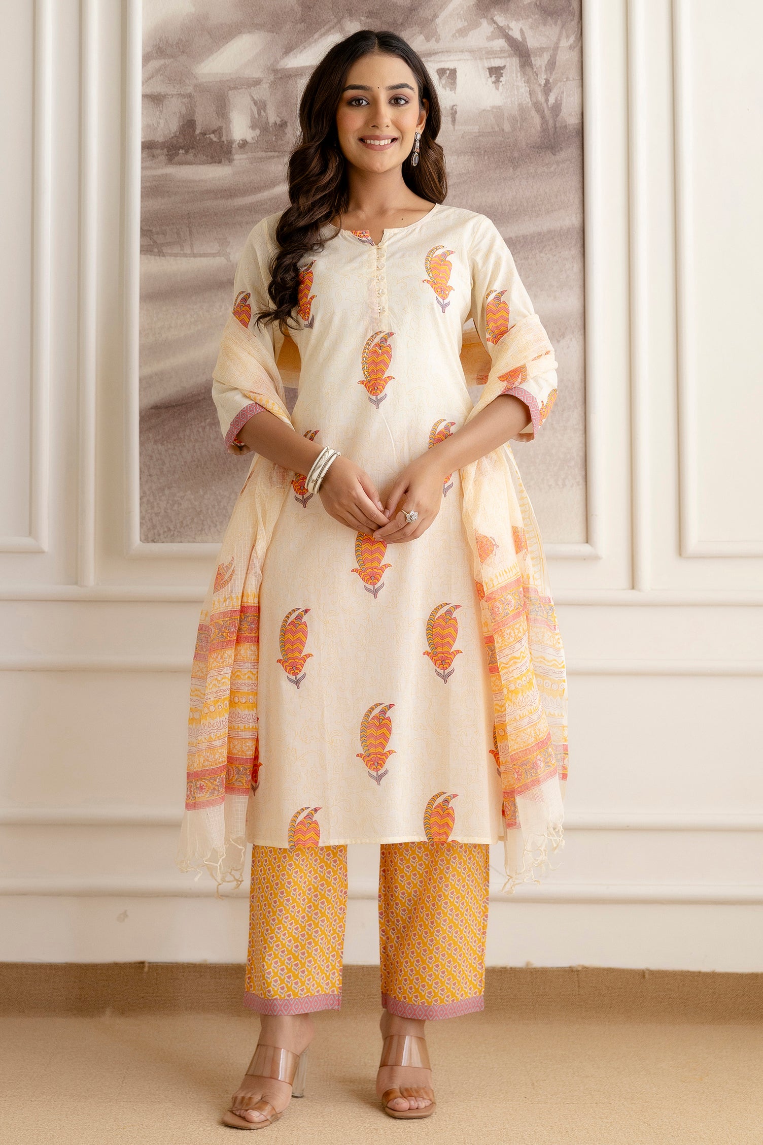 Off-White Cotton Suit Set with Multicolour Motifs & Dupatta