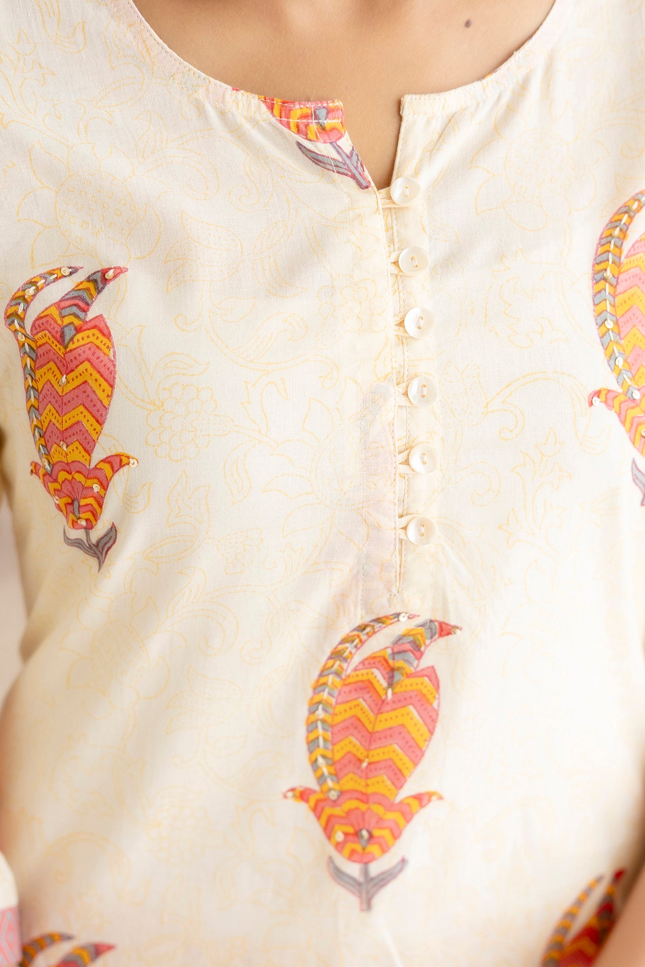 Off-White Cotton Suit Set with Multicolour Motifs & Dupatta