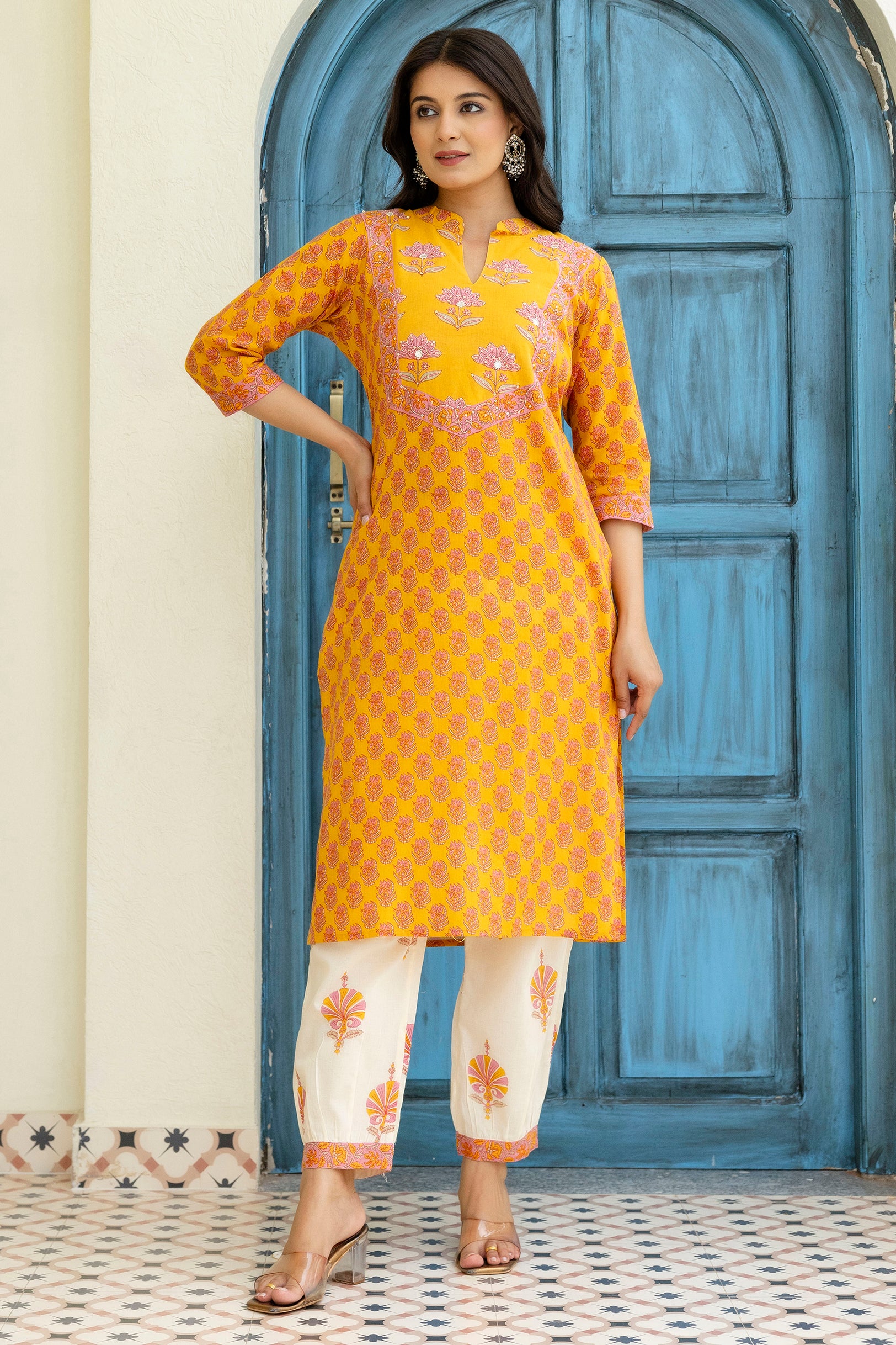 Cotton Booti Print Kurta Set In Yellow