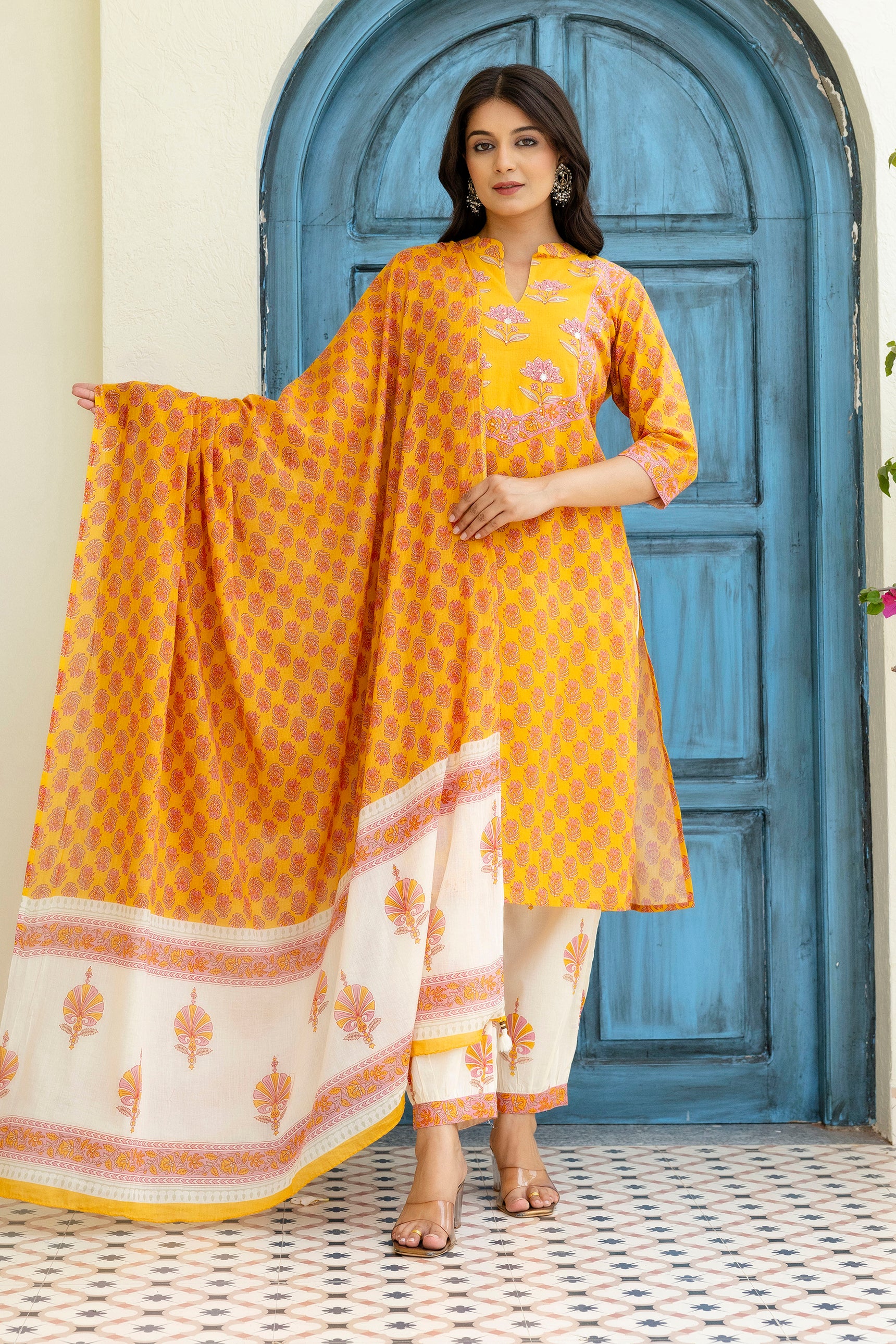 Cotton Booti Print Kurta Set In Yellow