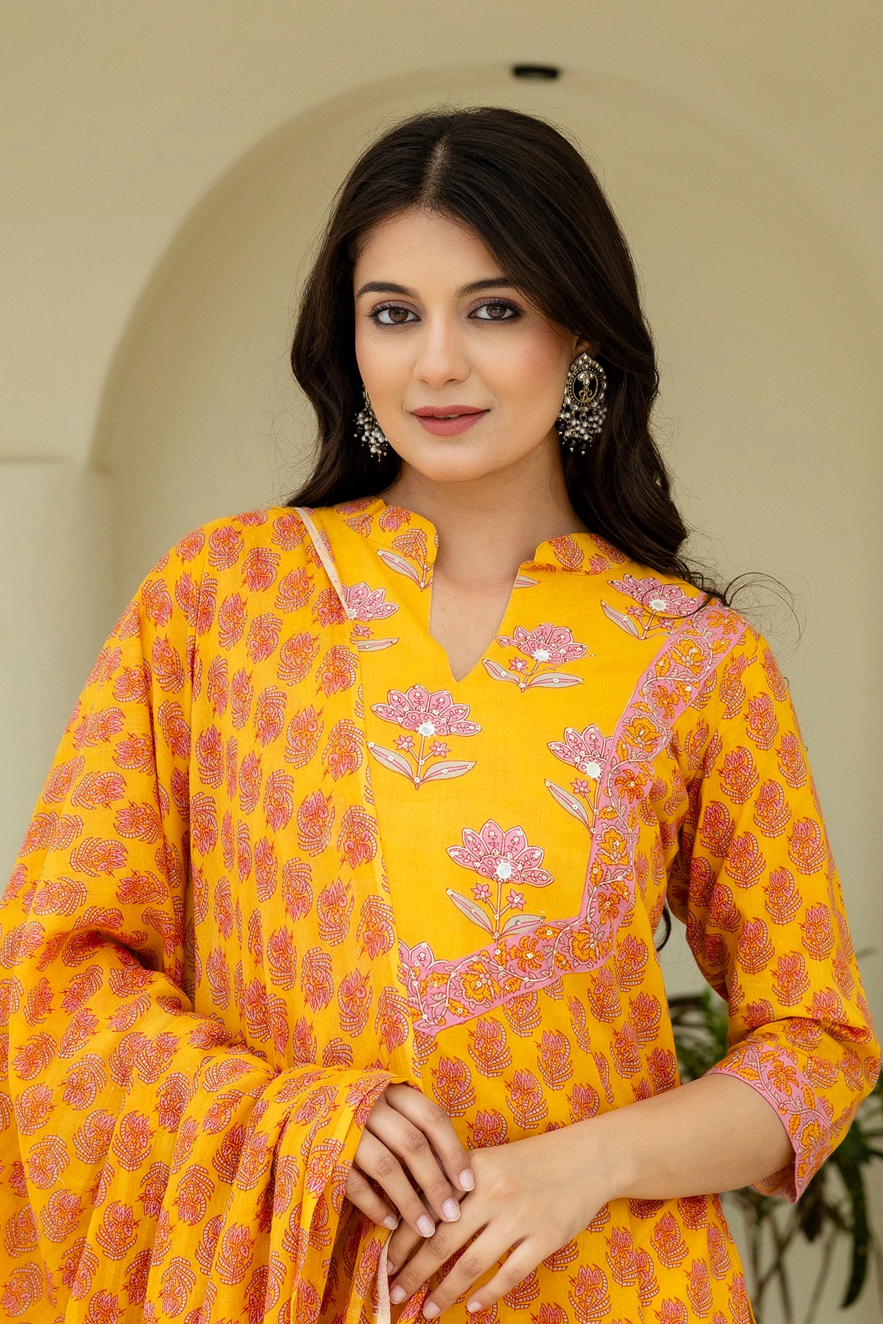 Cotton Booti Print Kurta Set In Yellow