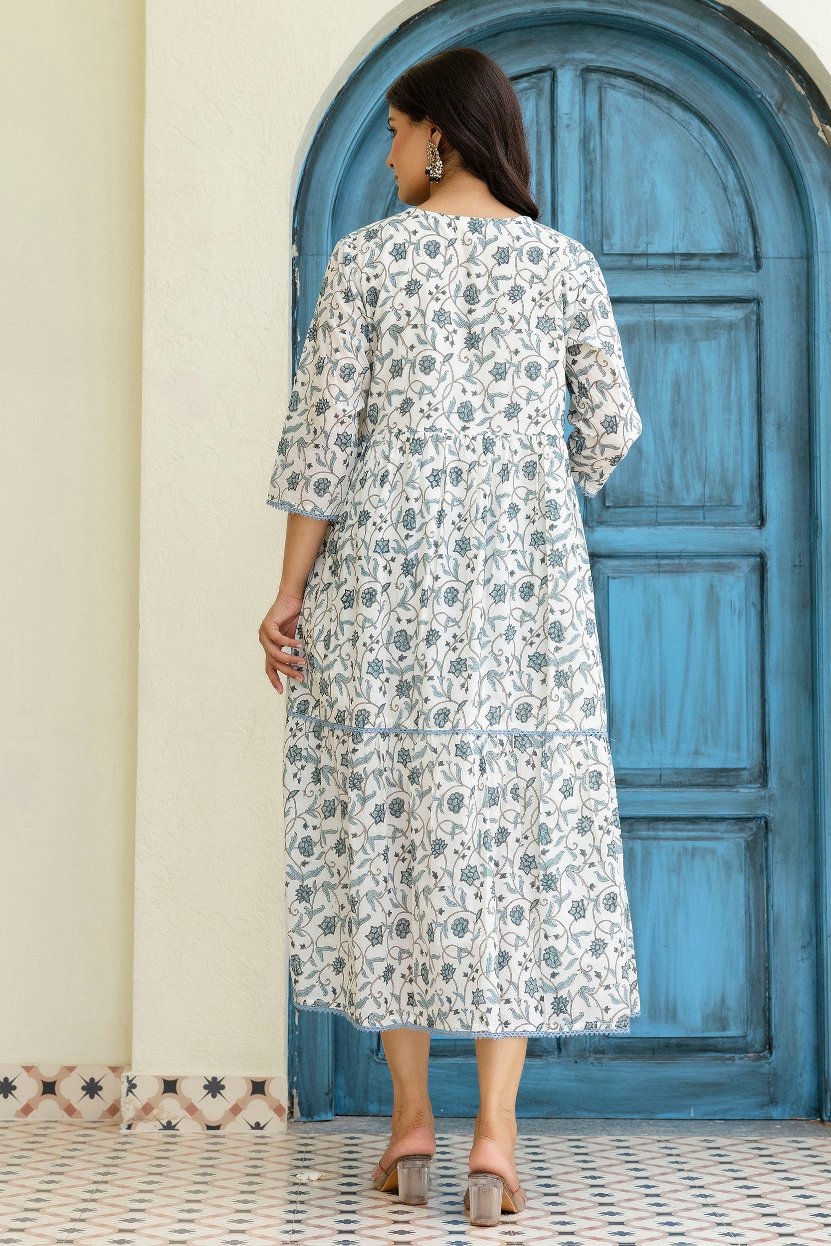 Block Printed Dress In Grey