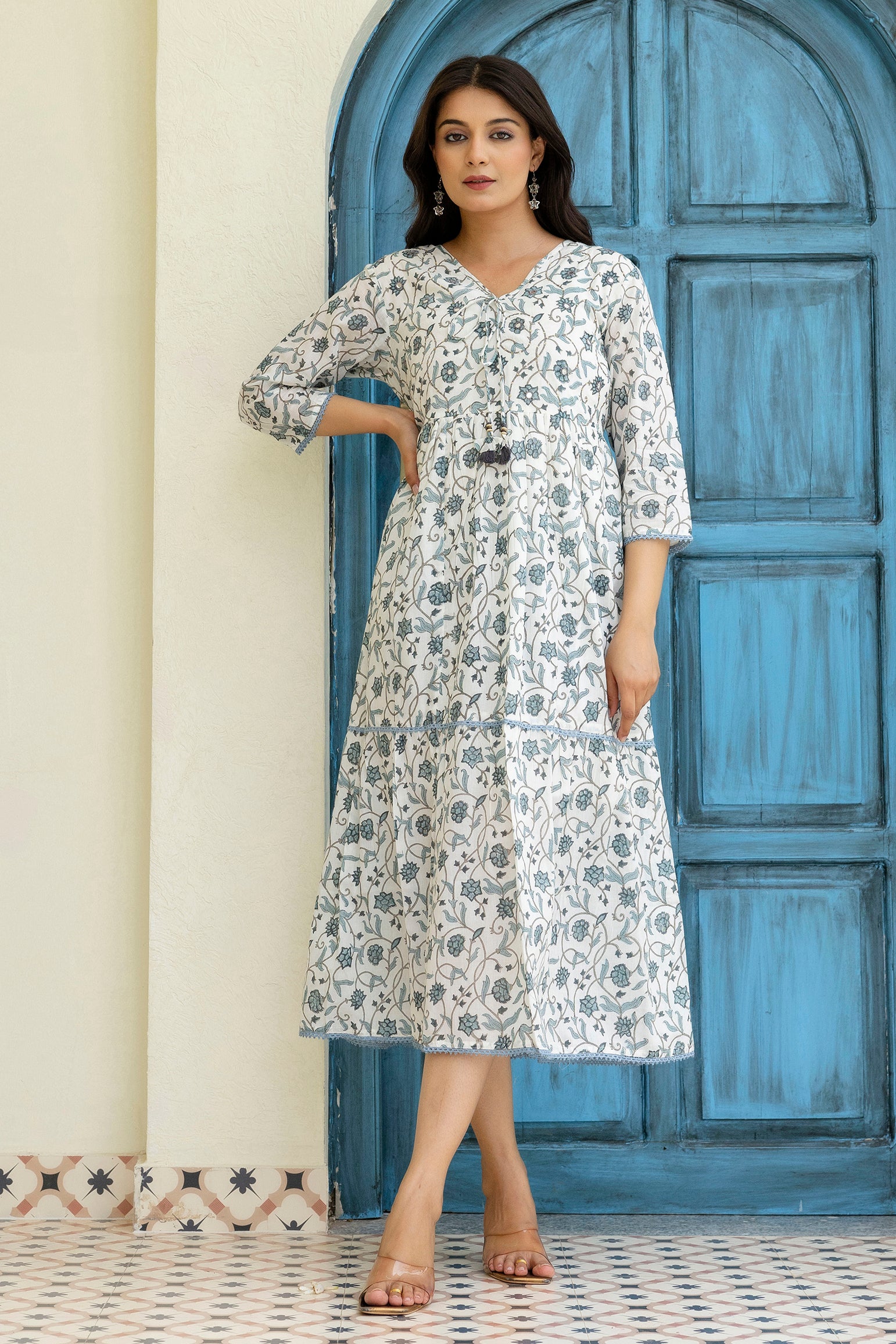 Block Printed Dress In Grey
