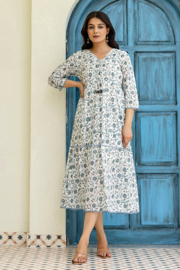 Block Printed Dress In Grey