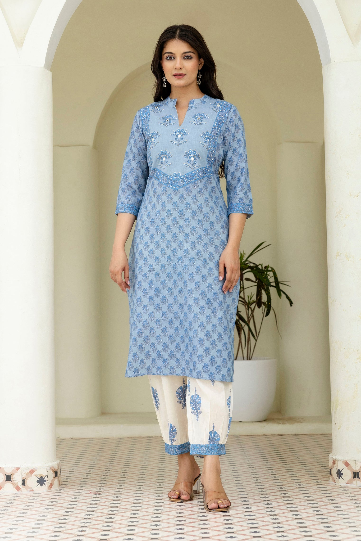 Cotton Booti Print Kurta Set In Blue
