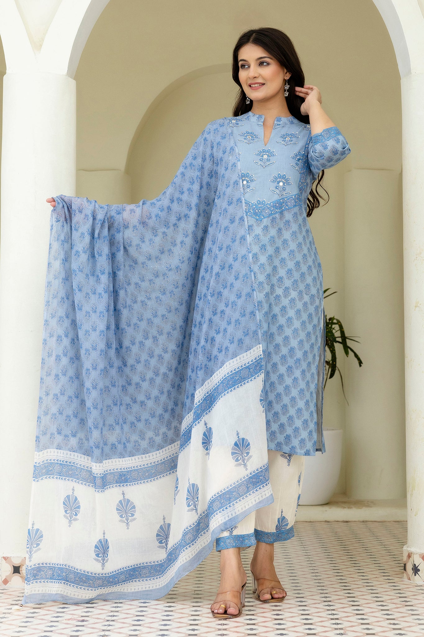 Cotton Booti Print Kurta Set In Blue