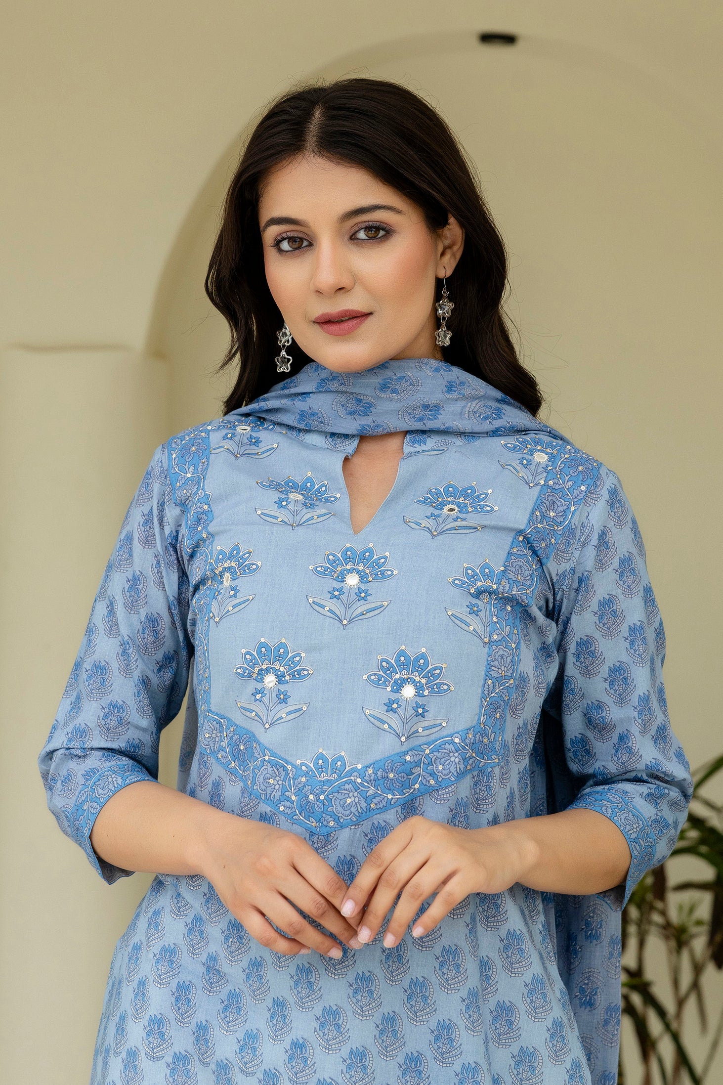 Cotton Booti Print Kurta Set In Blue