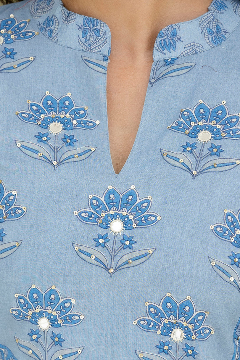 Cotton Booti Print Kurta Set In Blue