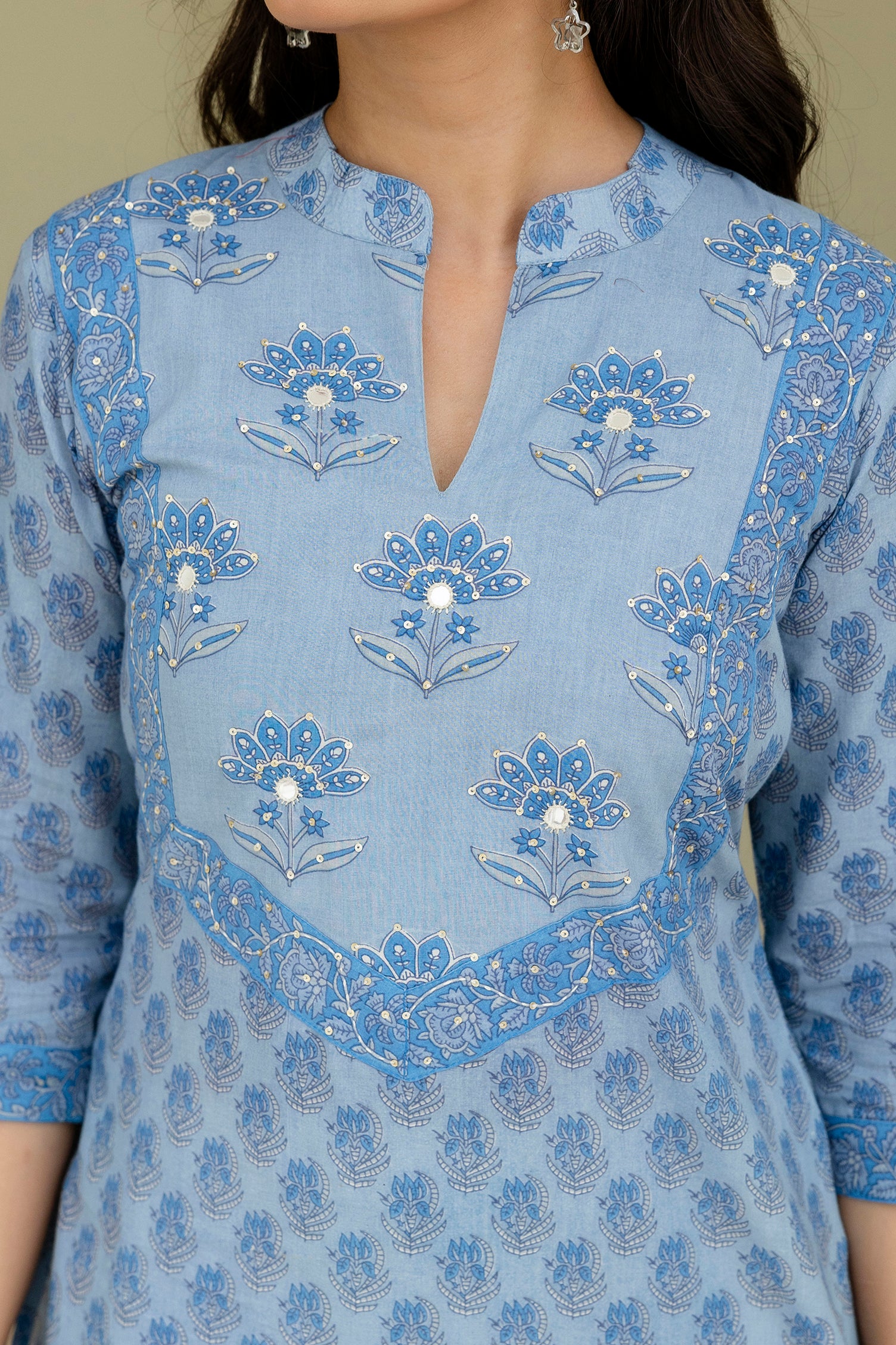 Cotton Booti Print Kurta Set In Blue
