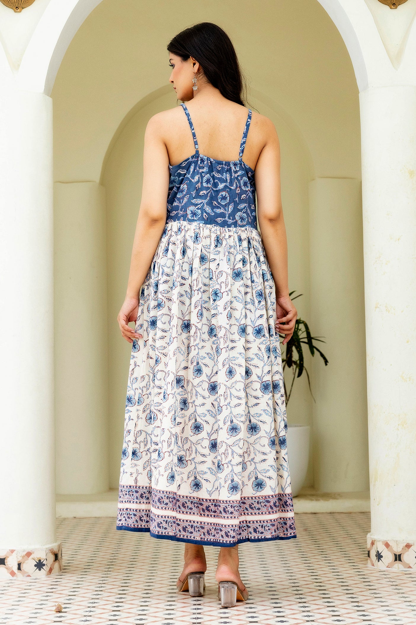 Block Printed Cotton Sun Dress in Blue Jaal Print