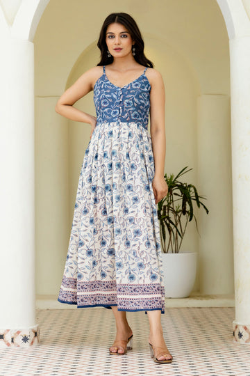 Block Printed Cotton Sun Dress in Blue Jaal Print