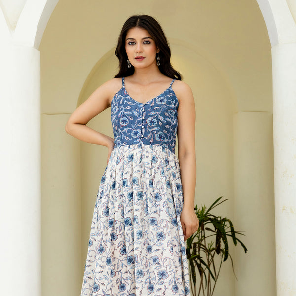 Block Printed Cotton Sun Dress in Blue Jaal Print