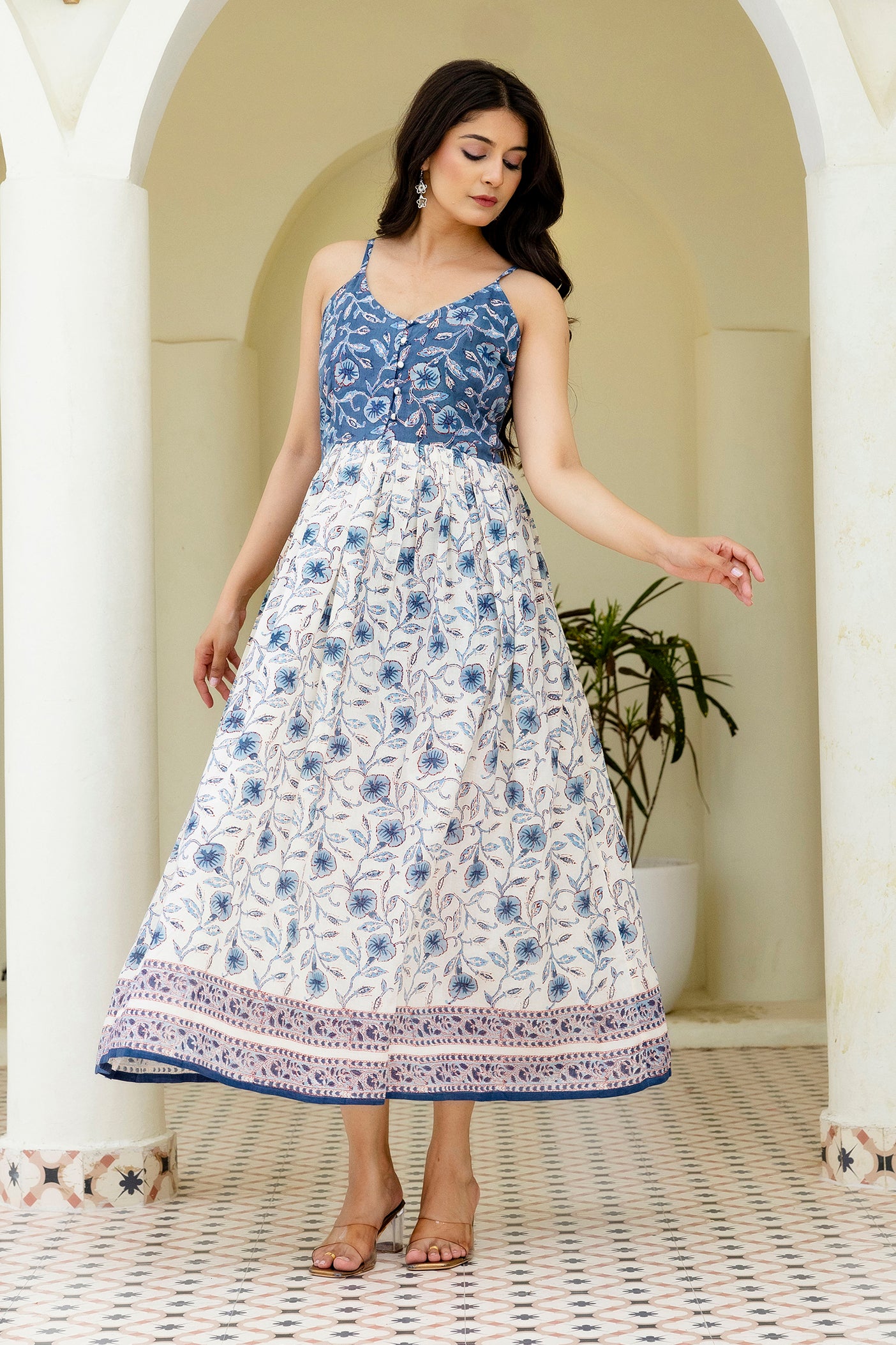 Block Printed Cotton Sun Dress in Blue Jaal Print