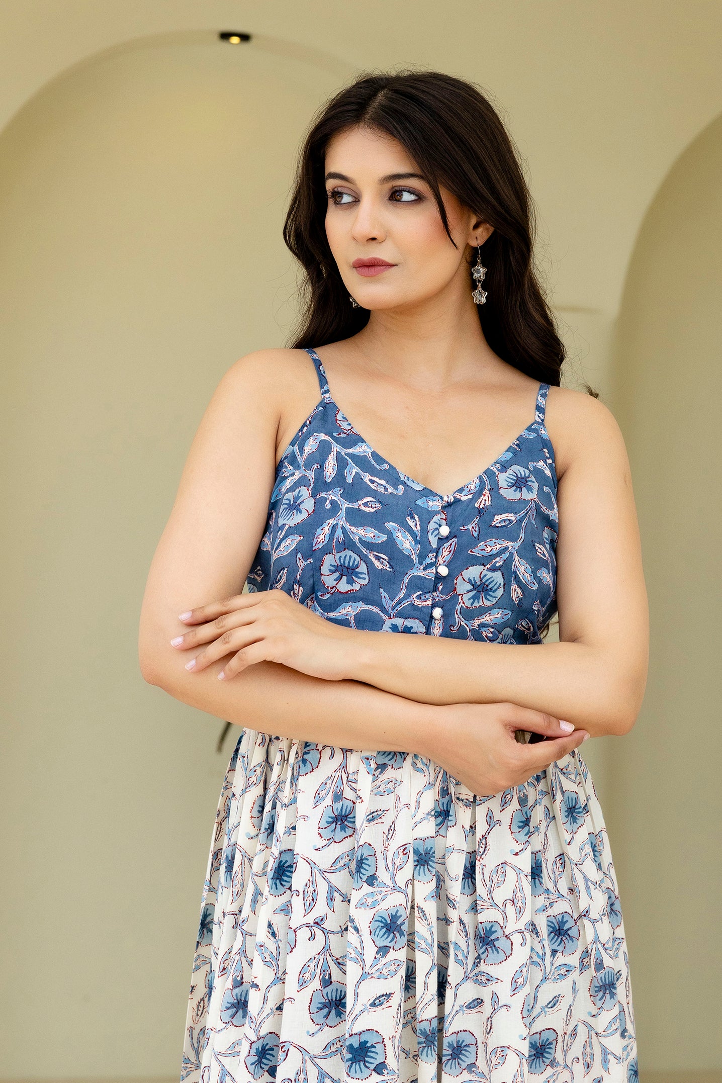Block Printed Cotton Sun Dress in Blue Jaal Print