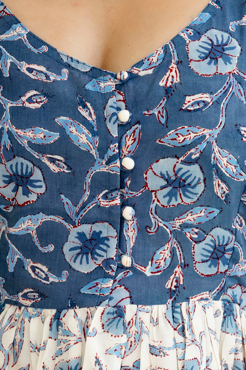Block Printed Cotton Sun Dress in Blue Jaal Print