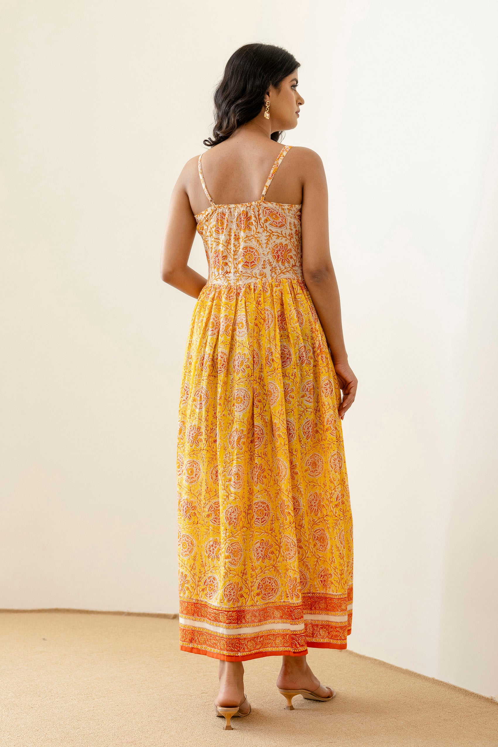 Block Printed Cotton Sun Dress in Yellow