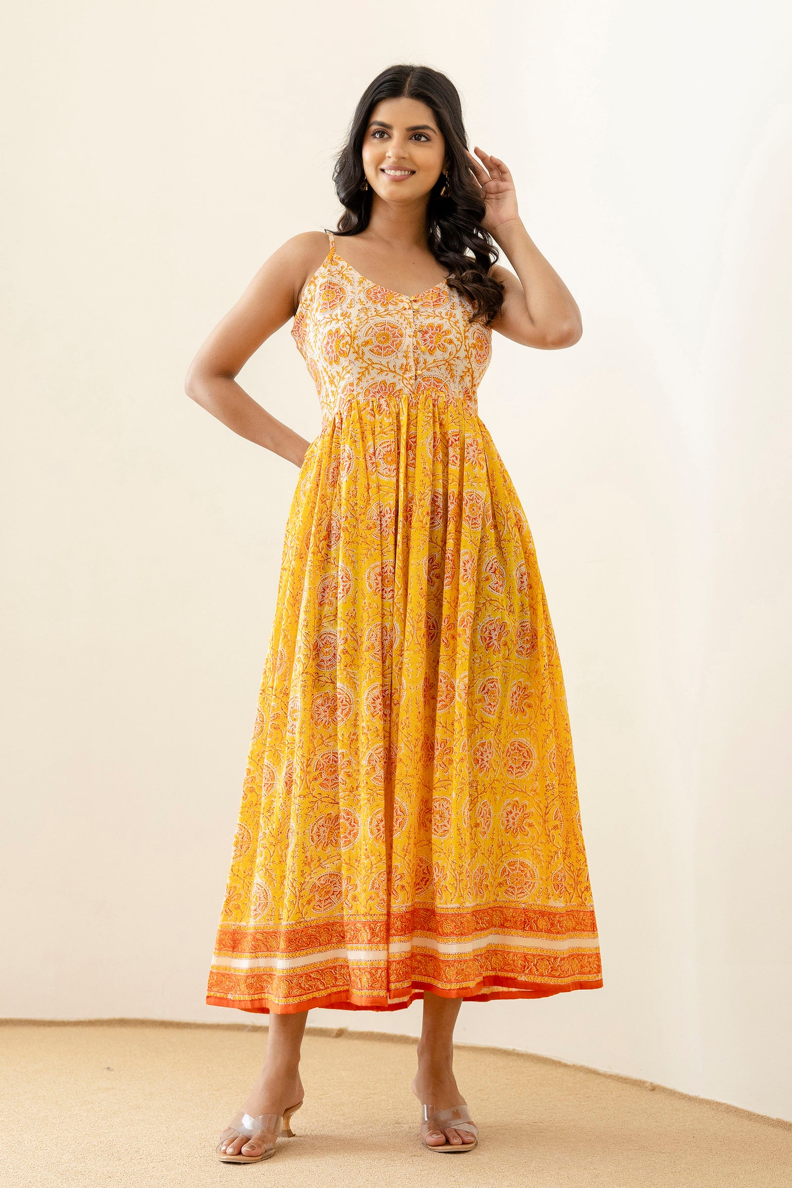Block Printed Cotton Sun Dress in Yellow