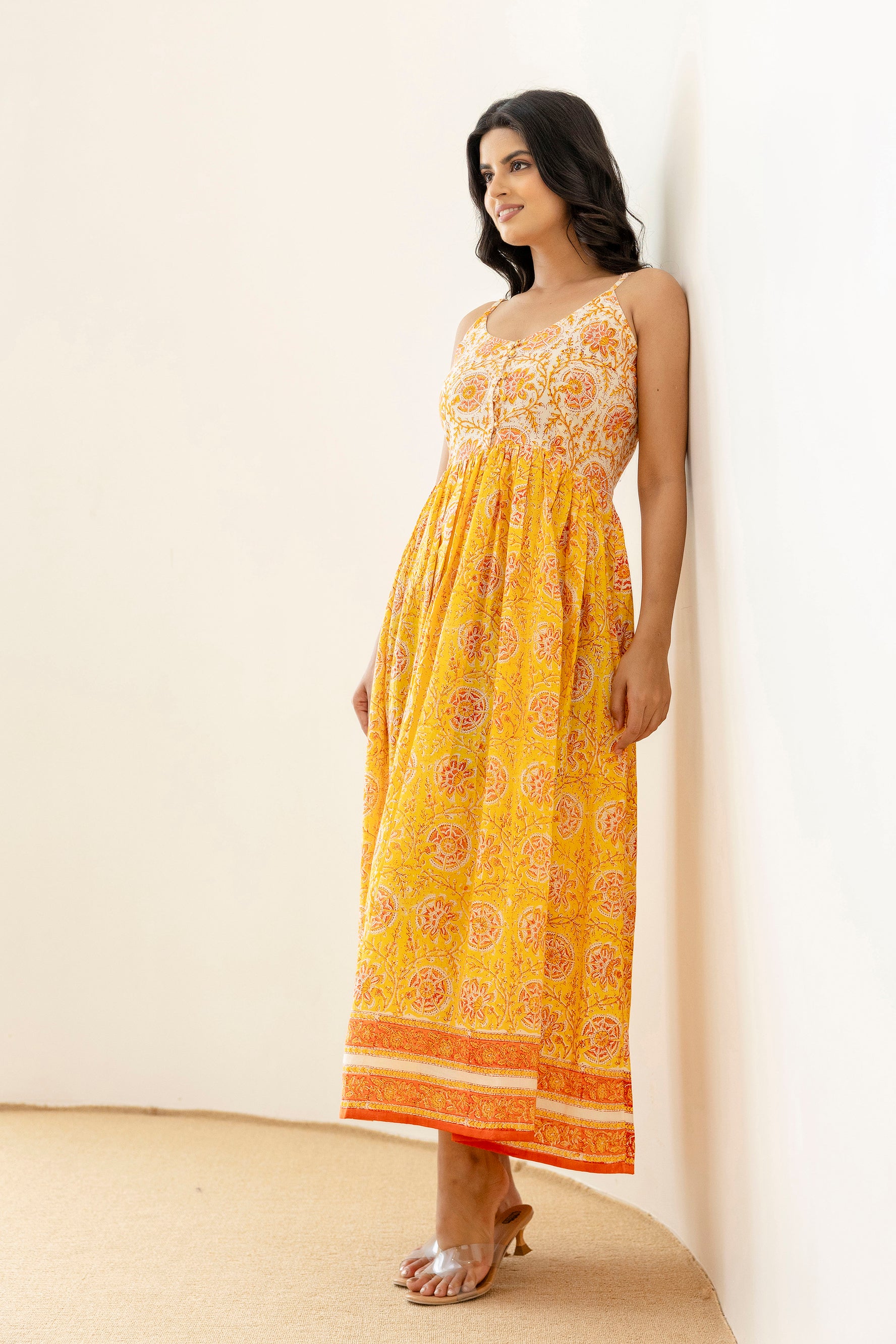 Block Printed Cotton Sun Dress in Yellow