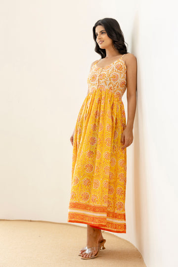 Block Printed Cotton Sun Dress in Yellow