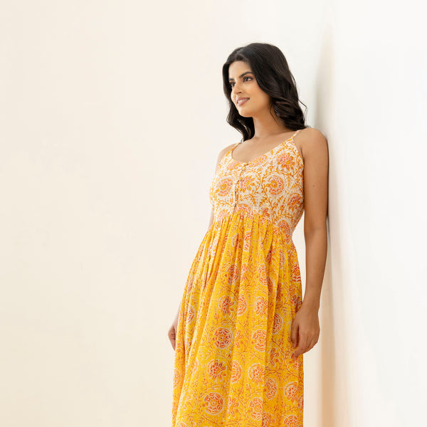 Block Printed Cotton Sun Dress in Yellow